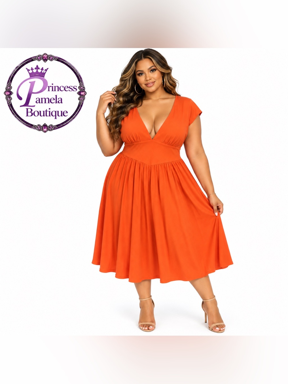 #274 - H9 Orange deep V-neckline midi dress with Pockets - XXL (Size 20-22)
